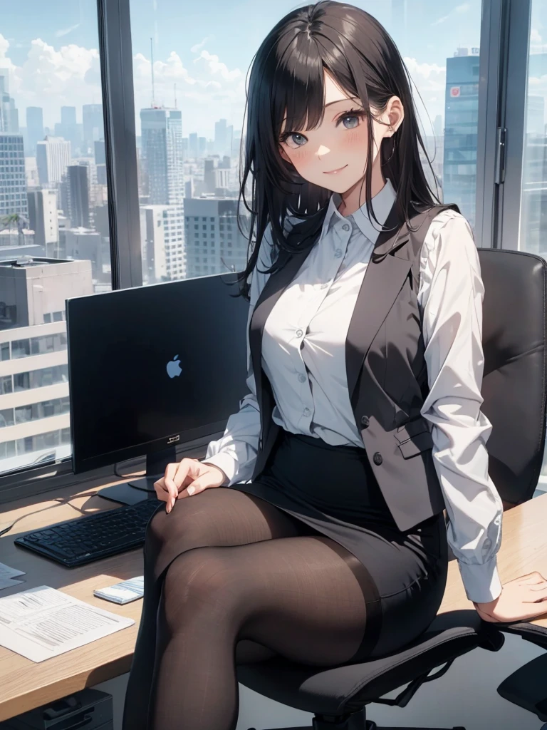 1lady sitting (crossed legs), office worker (stylish outfit), (gray vest) (pencil skirt), mature female, /(dark brown hair/) bangs, blush kind smile, (masterpiece best quality:1.2) delicate illustration ultra-detailed, large breasts, pantyhose BREAK (modern office indoors), window cityscape, detailed background