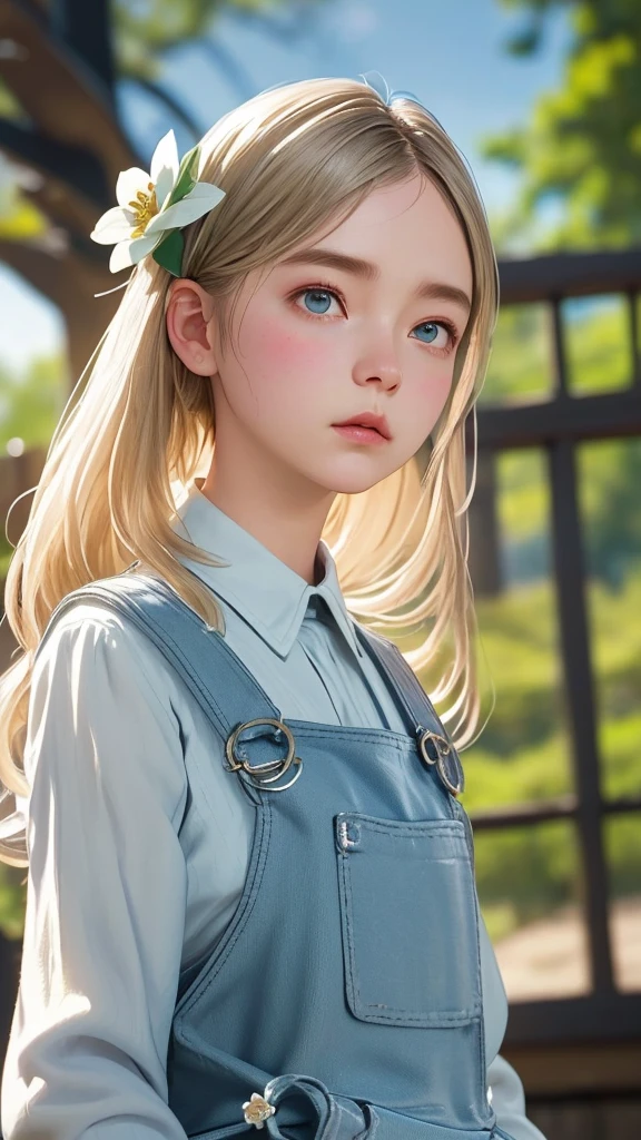 Dark Room、Girl looking sideways、landscape、Malaise、(((Blurry overall:1.2)))、pale colour、Mysterious Space、big flower hair ornament、White flower hair ornament、Beige Hair、Cute face、Medieval white shirt for 、Blue Apron、(((Increased depth of field)))、Large collar