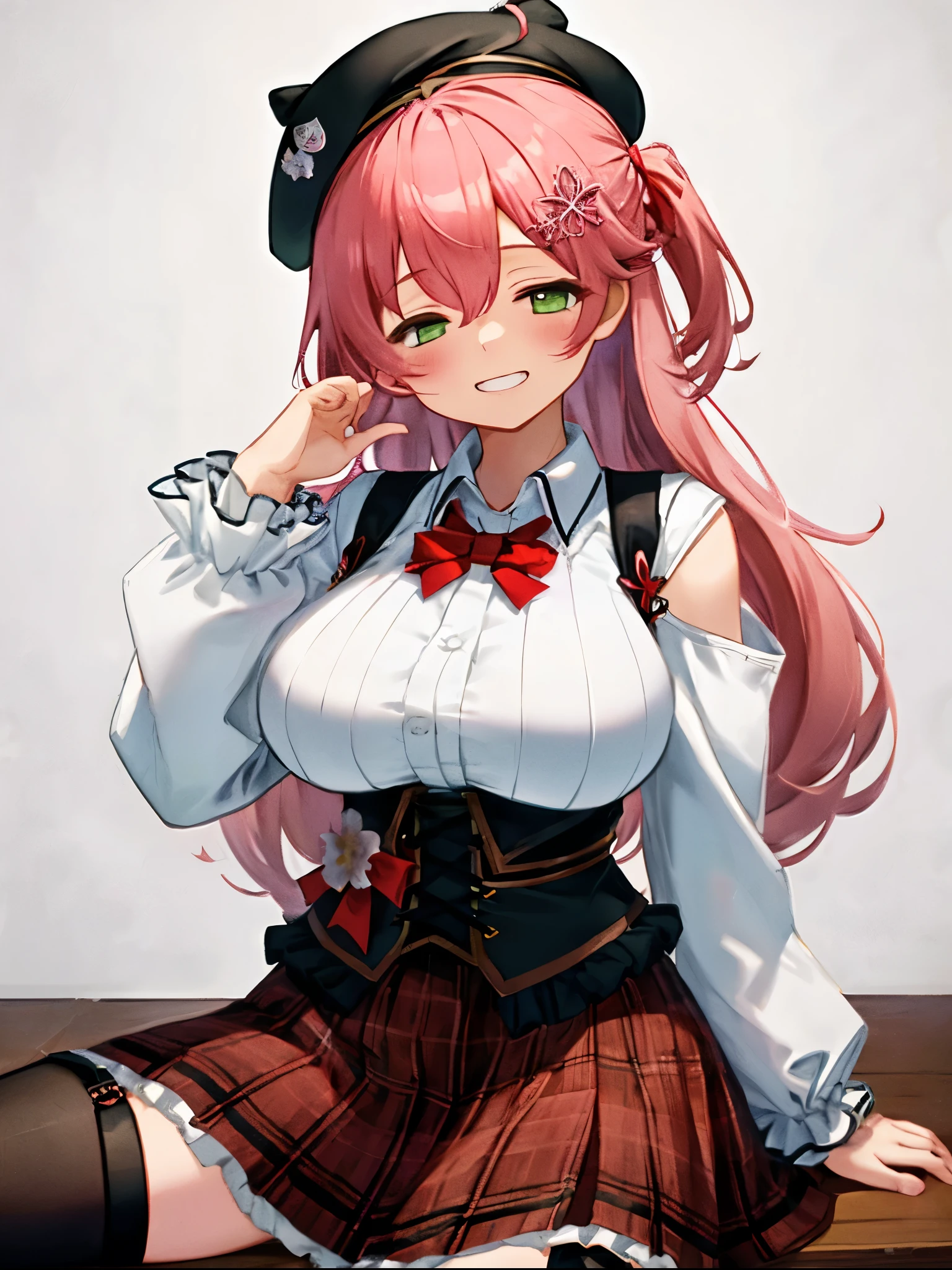 masutepiece, Best_Quality, hight_resolution, miko2,Ponytail, 1girl, Green eyes, Ahoge, black headwear, Hair Ornament, White shirt, black thighhighs, Pink hair, Red_skirt, very_short_skirt, plaid skirts, garter_strap, Collared shirt, hair clips, frilld, Bangs, hair between eye, frills skirt, beret, Pleated skirt, Hair Flower, Neck bell, , puffy long sleeves, Black bow, Underbust, Cowboy Shot,Smile, (gigantic_breasts:1.3),covered_nipples, covered_pussy,(closed_eyes:1.3), happy, childlike_posing,spread_legs,sleepy,(smile:1.2),plump,grin,