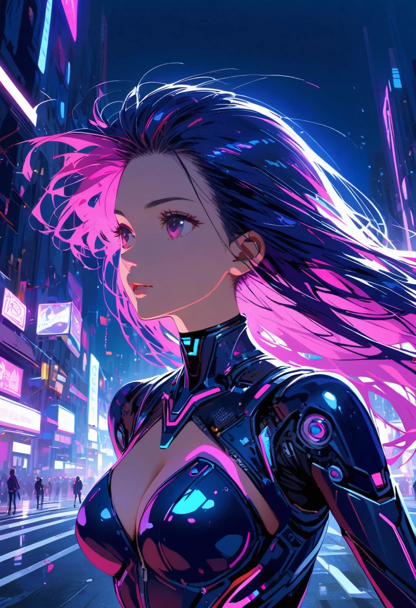 (neon colored avatar), (vibrant anime woman), dynamic pose, (expressive facial features), glowing elements, futuristic urban background, dazzling skyscrapers, energetic ambiance, bright and bold color palette, high contrast lighting, intricate details, visually stunning, eye-catching design, (4K), (ultra-detailed), sleek character design, whimsical elements, cosmic accents, imaginative environment, striking visual effects, captivating atmosphere, electrifying vibes, flowing hair, sleek outfit enhancing movement, vibrant light trails, modern and sleek design blending seamlessly, electric blues, blazing pink tones illuminating the scene.