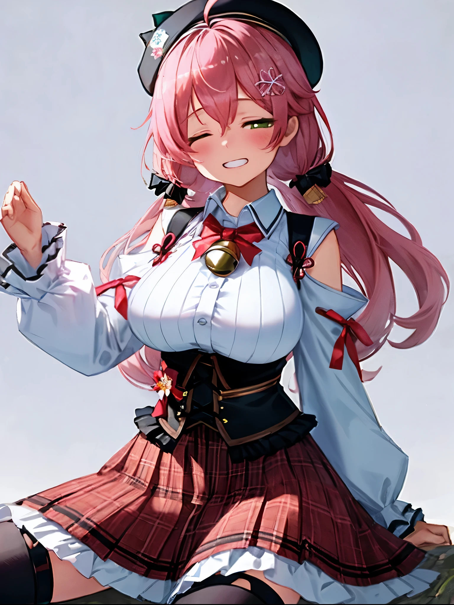 masutepiece, Best_Quality, hight_resolution, miko2,Ponytail, 1girl, Green eyes, Ahoge, black headwear, Hair Ornament, White shirt, black thighhighs, Pink hair, Red_skirt, very_short_skirt, plaid skirts, garter_strap, Collared shirt, hair clips, frilld, Bangs, hair between eye, frills skirt, beret, Pleated skirt, Hair Flower, Neck bell, , puffy long sleeves, Black bow, Underbust, Cowboy Shot,Smile, (gigantic_breasts:1.3),covered_nipples, covered_pussy,(closed_eyes:1.3), happy, childlike_posing,spread_legs,sleepy,(smile:1.2),plump,grin,