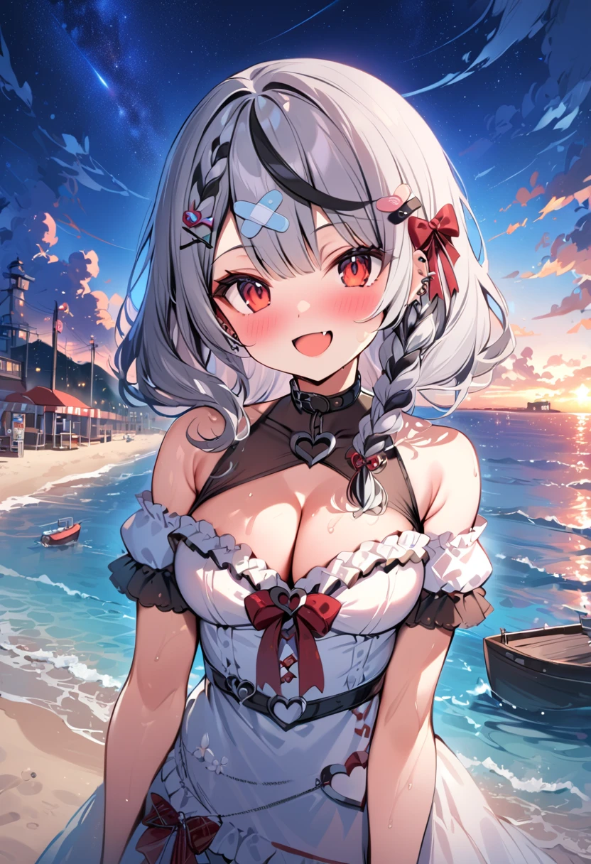 sakamata_jirai, red eyes, cleavage, multicolored hair, grey hair, streaked hair, bandaid, hair ornament, smile, black hair, clothing cutout, piercing, braid, fang, frills, cleavage cutout, :d, bow, ear piercing, band-aid hair ornament, PEAnimeBG, ocean, beach, harbor, scenery, background, anime, sky, night, stars,
masterpiece, high resolution, octance 4k, high detail