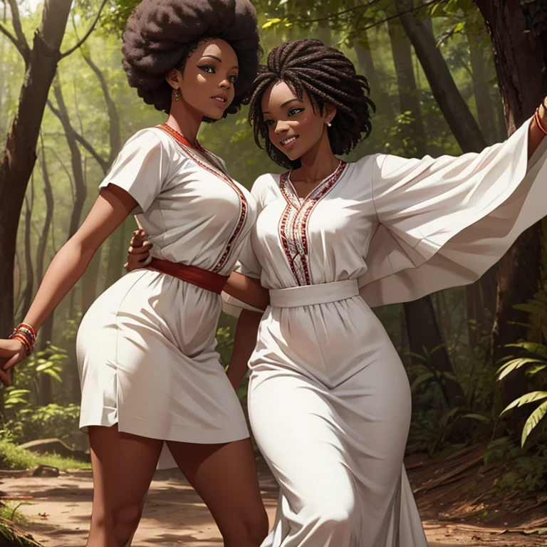 African women dancing in the forest wearing white clothes, African women, white clothes
