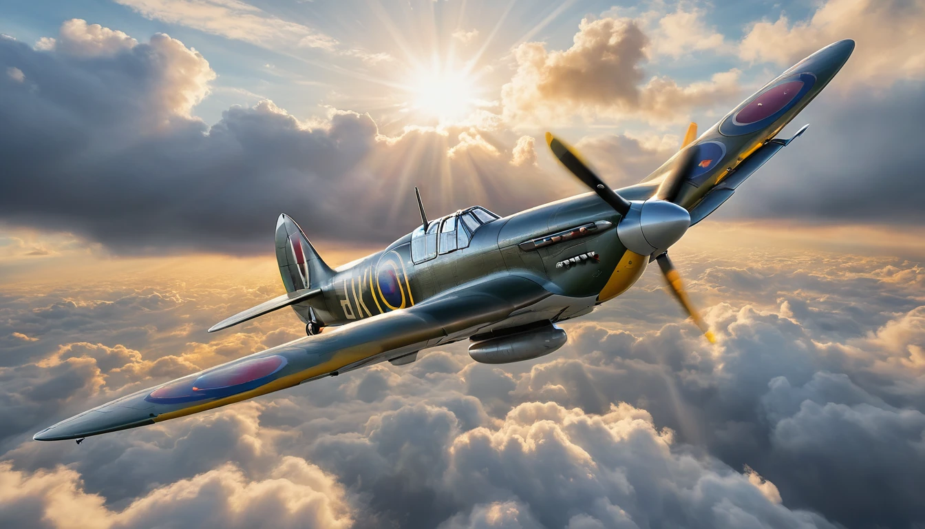 Create imaginative and amazing images demonstrating the style of a picture of a Spitfire plane, flying in the sky, cloudy skies background, an epic a Spitfire plane (best details, Masterpiece, best quality :1.5) birds view, sun rays, divine rays, sun rays reflecting on the clouds, sense of awe, majestic atmosphere, ultra best realistic, best details, best quality, 16k, [ultra detailed], masterpiece, best quality, (extremely detailed), ultra wide shot, photorealism, depth of field, hyper realistic painting, Waiting to start), hyper realistic, 8k, vibrant colors, sharp crisp image