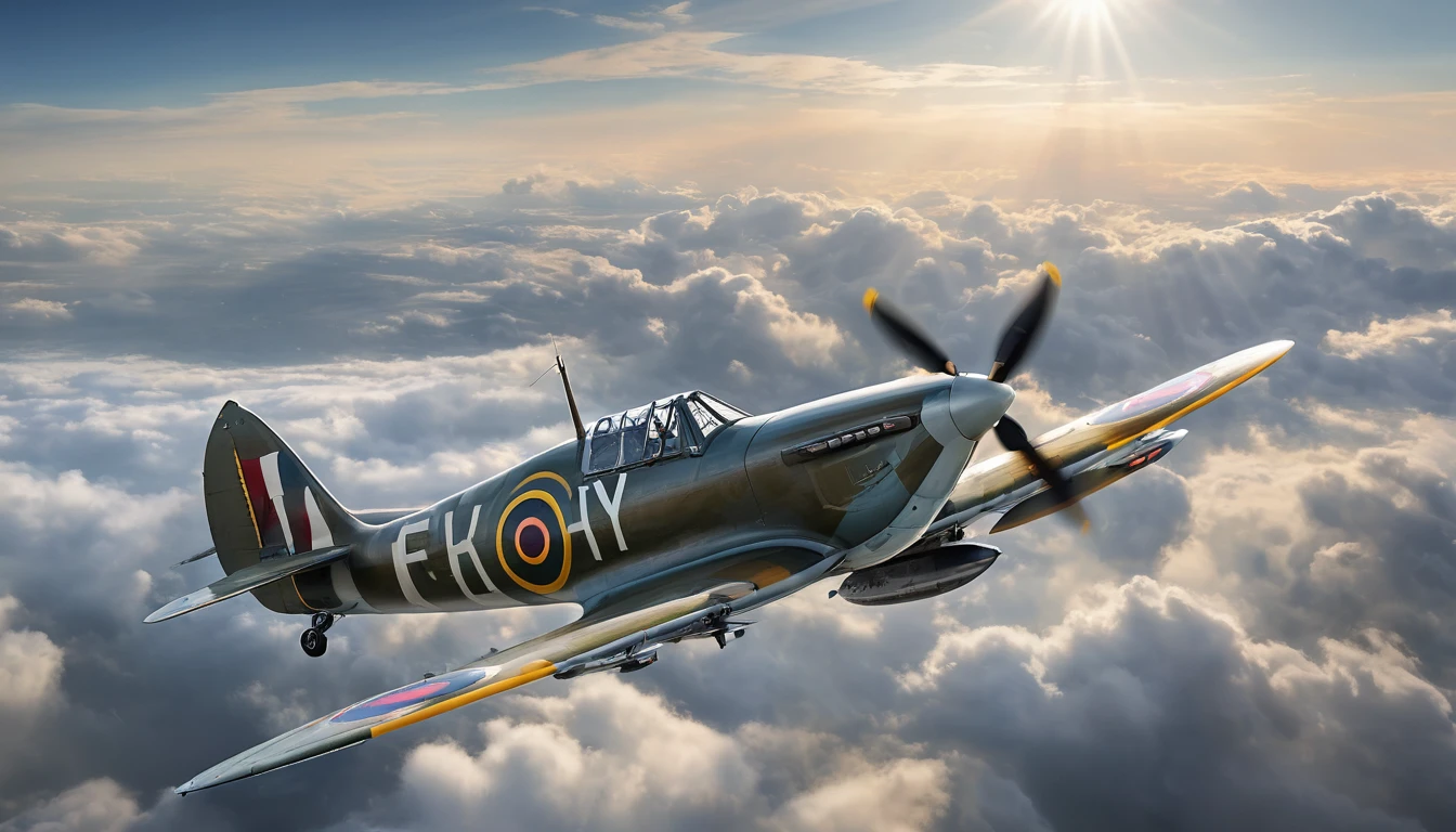 Create imaginative and amazing images demonstrating the style of a picture of a Spitfire plane, flying in the sky, cloudy skies background, an epic a Spitfire plane (best details, Masterpiece, best quality :1.5) birds view, sun rays, divine rays, sun rays reflecting on the clouds, sense of awe, majestic atmosphere, ultra best realistic, best details, best quality, 16k, [ultra detailed], masterpiece, best quality, (extremely detailed), ultra wide shot, photorealism, depth of field, hyper realistic painting, Waiting to start), hyper realistic, 8k, vibrant colors, sharp crisp image