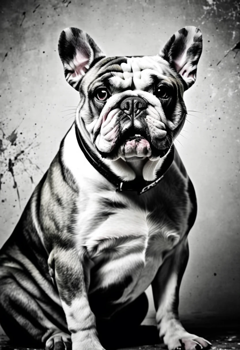 low quality, ((one bulldog)), upper body, center, front, arms crossed, Smash through walls, background white, monotone,