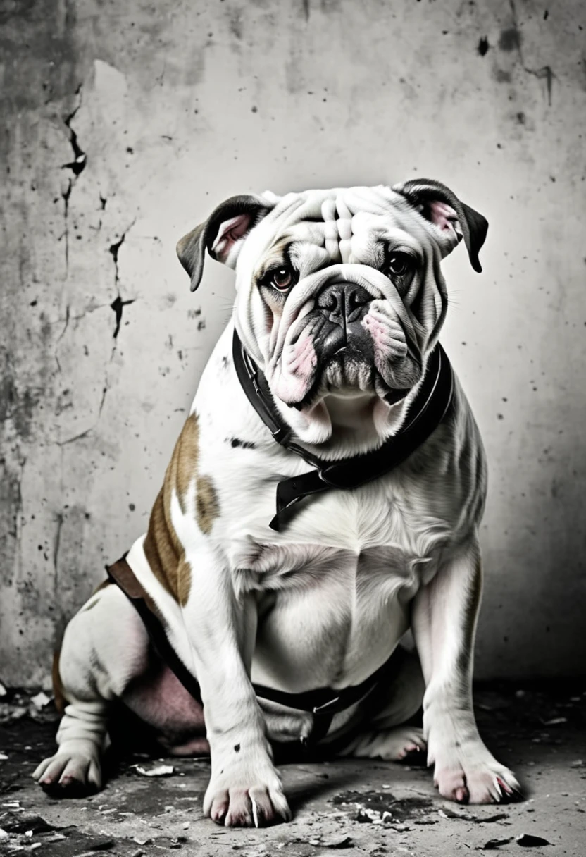 low quality, ((one bulldog)), upper body, center, front, arms crossed, Smash through walls, background white, monotone,