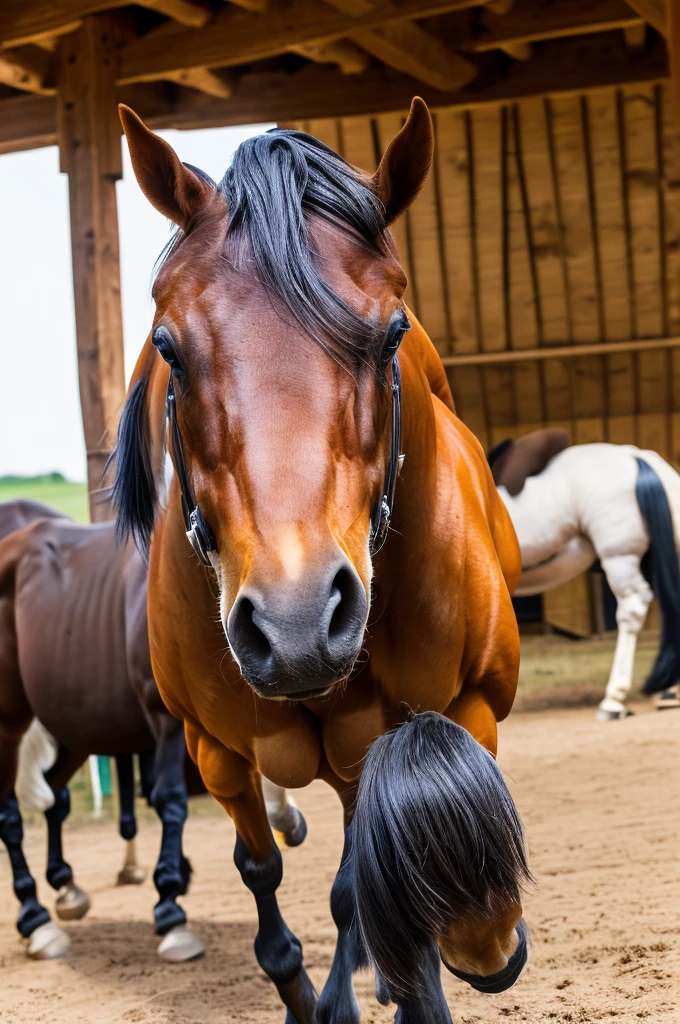 (best quality, 4k, 8k, high resolution, masterpiece:1.39), outside a barn, ultra detallado, (photorealistic rendering, focus on body, focus on equine anatomy:1.4), portrait, profesional, vivid colors, Sharp focus, (studio lighting:1.1), detailed textures, (warm color tone:0.9), (a big man, solo, half-horse, satyr, afroamerican, with hyper equine genitalia, Ebony, thug, dark skin, full view:1.3), nude, facial hair, dreadlocks, (looking at viewer, piercing eyes:1.05), face with strong and defined features, (big muscles, buff, beefy, hyper muscles, sweaty, very hairy, oiled dark skin, body hair, hairy armpits:1.41), horse shaped snout, wide body, full body portrait, (whole body visible, man with equine genitalia, horsecock, medial ring, mottled penis, dark leathery skin:1.34), cresty equine neck, man with horse mane, oversized trapezius, (thick equine sheath:1.22), very detailed equine sheath, massive equine legs, wider hips, man with equine legs and hooves, powerful hooves, view from the floor, flared head