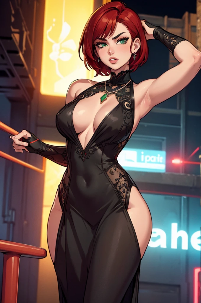 atractive woman is peforming, short hair,red hair,green eyes, lips, black dress, red trim, necklace, bare shoulders, sleeveless, standing, upper body, night club, neon lights, hips, skin tight, (insanely detailed, beautiful detailed face, masterpiece, best quality)