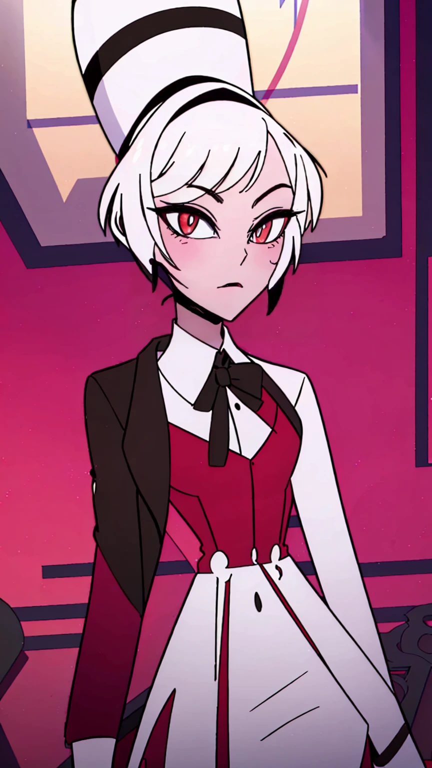 pretty girl, cute face, sparkling eyes, sweet expression, soft smile, looking at viewer, redSuit, White skin, rosy cheek, ankle-length hair ,eyes with light red sclera, red pupils, red tuxedo-jacket with darker-colored lapels, high-collared white untucked dress-shirt with small black buttons on the upper-front, small black bowtie and black suspenders over her shoulders, dark red dress pants, medium-heeled white saddle shoes, (masterpiece:1.2), (cowboy-shot:1.2), dark romantic lighting, (highly detailed:1.2), (detailed face:1.2), (full-body shot:1.2), (gradients), colorful, detailed eyes, (natural lighting:1.2), (solo:1.2),