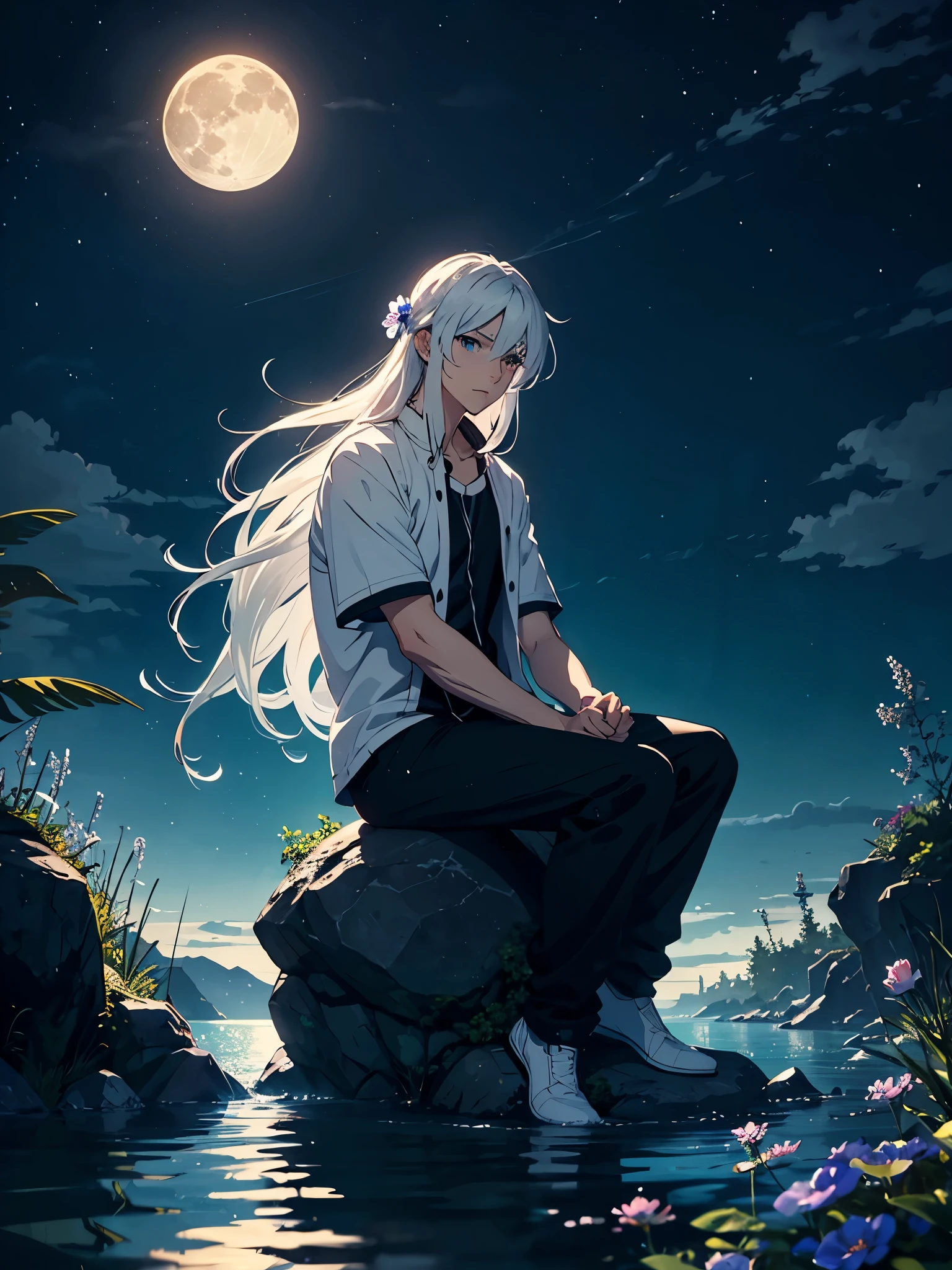 Big Wolf. day lights. More anime. light blue light. Bright bright light. magical. Moon. Sitting on a big white wolf. Lightening flowers. More anime. male. Blue flowers. Long hair. long white hair. aquatic, boy, God of the Moon, silver hair accessories, White hair.