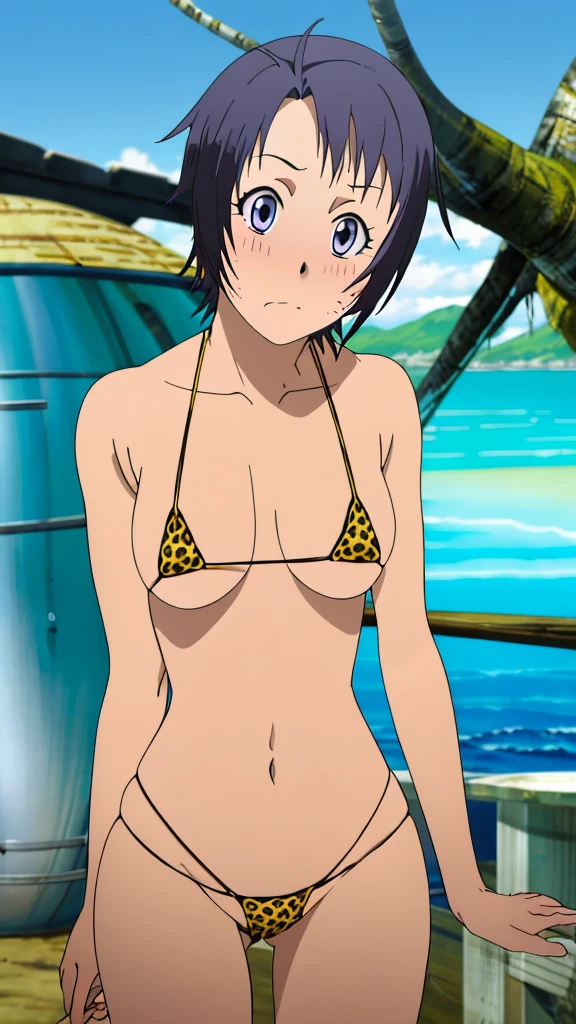 (masterpiece, 4K, Highest quality, anime style: 1.9, Detailed face, Lovely, Ocean,bold, High resolution, anime, Lake 4. alone, Curvaceous, Very slim belly, Cowboy Shot, 1 Girl,,(Leopard print micro bikini),View your viewers,(Mikage Aki/Silver Spoon),Naked in a swimsuit,blush,Embarrassed face,(((Show your body)))