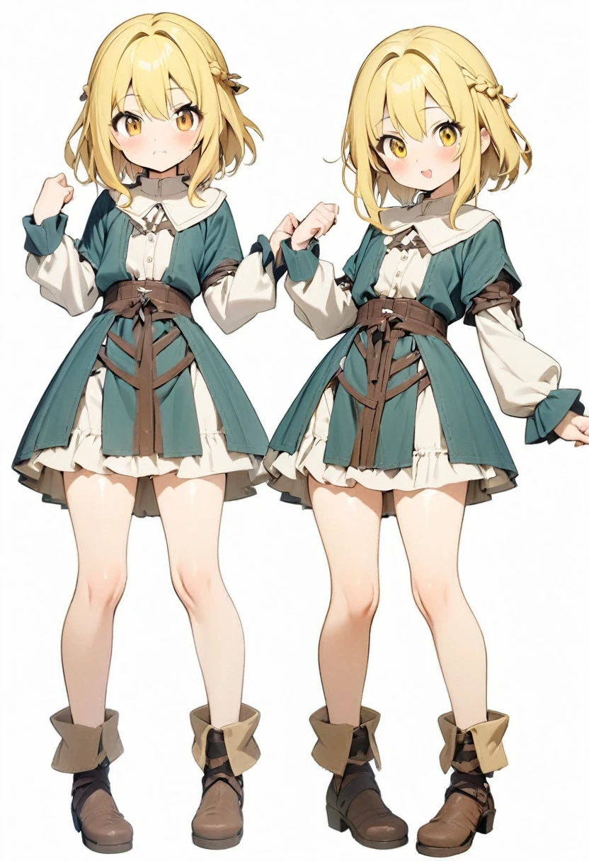 ({masterpiece}},{best quality,},white background,full body,Middle Ages,1 Girl,(14years old1:1),younger sister,Yellow hair,Lively。cute,sexy,({masterpiece}},{best quality}