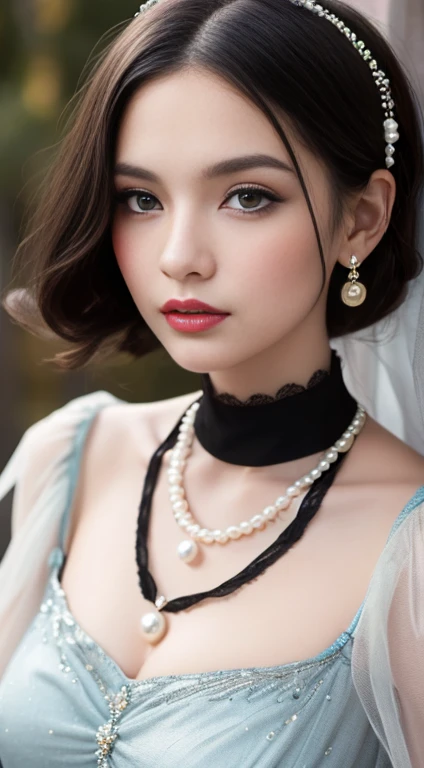 Please draw a beautiful woman in 1920s fashion.。She wears a flapper dress、Wearing a pearl necklace。Black Hair