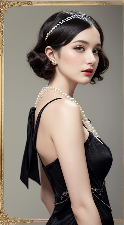 Please draw a beautiful woman in 1920s fashion.。She wears a flapper dress、Wearing a pearl necklace。Black Hair