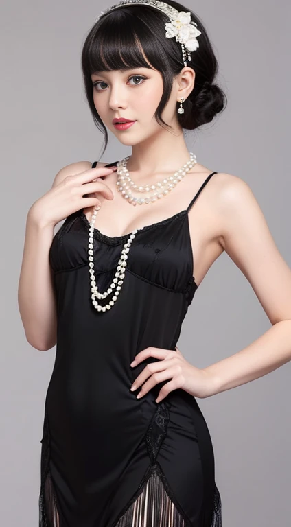 Please draw a beautiful woman in 1920s fashion.。She wears a flapper dress、Wearing a pearl necklace。Black Hair