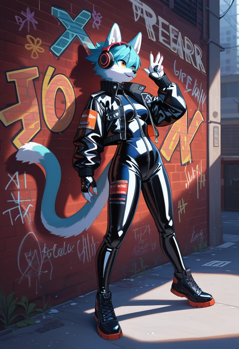 animation, Highest quality, Highest quality, High quality illustrations, masterpiece, Ultra-high resolution, Detailed Background, Alley, Graffiti art on the wall, Absurd, Perfect ???????, performance, Good lighting, Shadows in the movies(kemono, Furry Personifi猫ion), Rubber suit, latex, neon, neonライト, neonカラー, Bodysuits, Cyber Suit, Leather Half Jacket, cyber punk, Leaning against the wall, Headphones