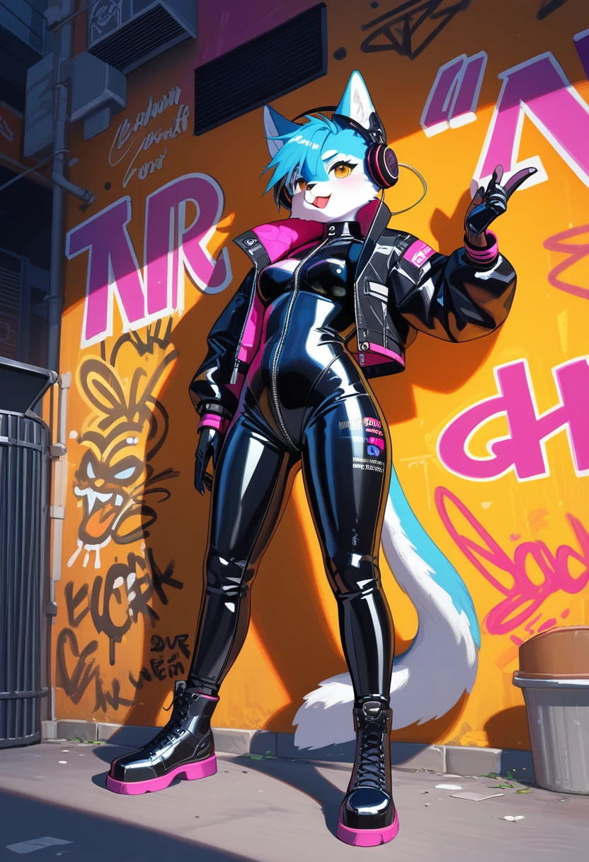 animation, Highest quality, Highest quality, High quality illustrations, masterpiece, Ultra-high resolution, Detailed Background, Alley, Graffiti art on the wall, Absurd, Perfect Anatomy, performance, Good lighting, Shadows in the movies(kemono, Furry Personifi猫ion), Rubber suit, latex, neon, neonライト, neonカラー, Bodysuits, Cyber Suit, Leather Half Jacket, cyber punk, Leaning against the wall, Headphones