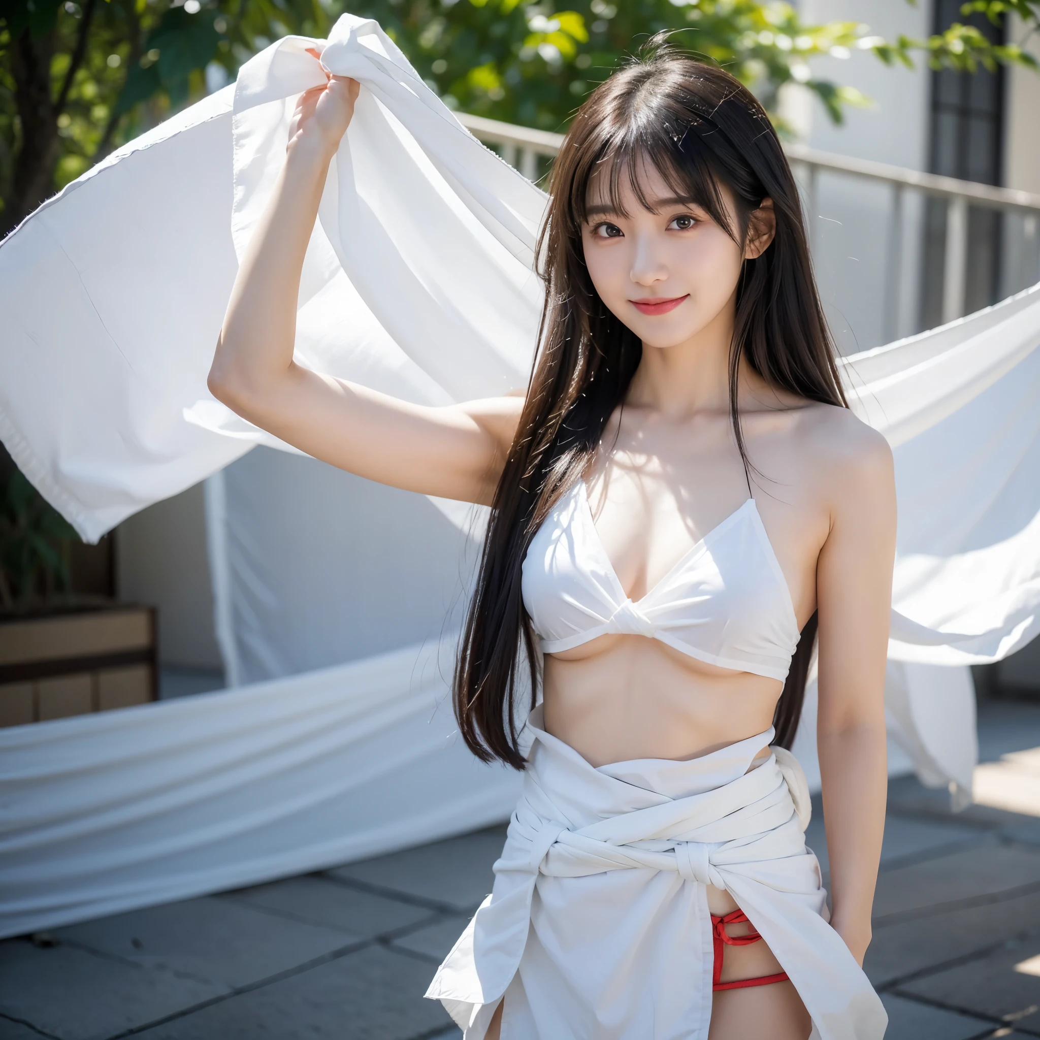 日本people、1people、The most beautiful woman、smile、Shyness、clear、Shiny black hair、Photo Style、length, bangs、light makeup、Standard face、(((Wearing a white Etchu loincloth)))、((Light clothing:0.5))、(She is hiding her breasts by wrapping a cloth around her chest.)、Summer festival、(((Showing off your loincloth))), 32k, Raw photo、Highest quality