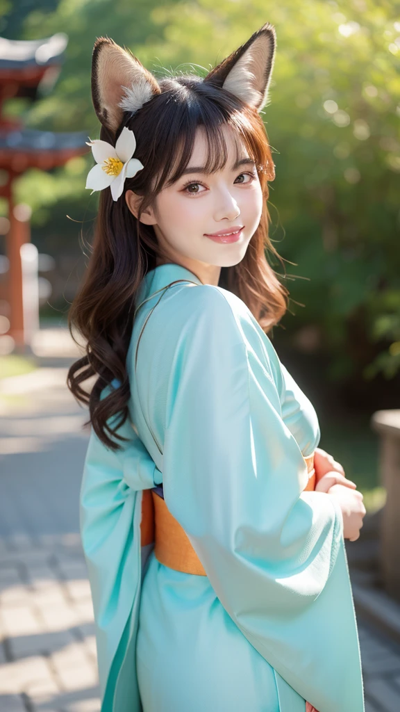 masterpiece, Highest quality, Very detailed, One girl, alone, (:3:0.9), Animal earsの毛, Animal ears, Orange Hair, Fluffy hair, blush, Brown eyes, flower, Fox Ears, Fox Girl, Slope, Slope background, hair flower, hair ornaments, kimono, kimono, View your viewers, Shrine maiden, smile, alone, white kimono, Beautiful lighting