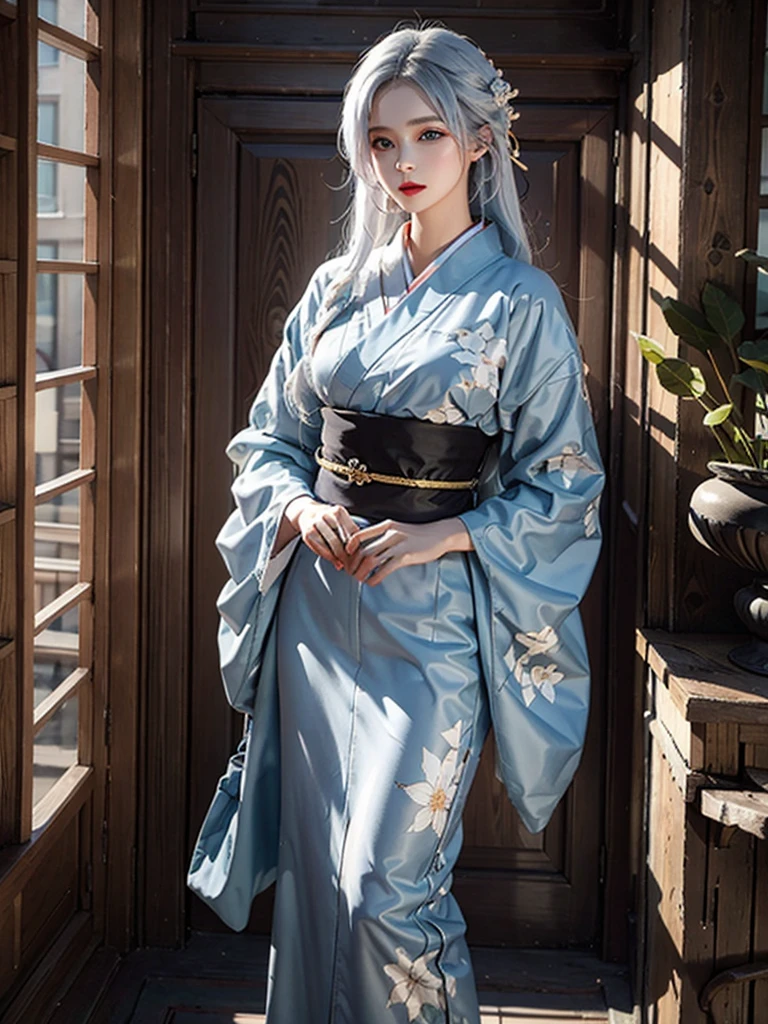 photorealistic, masterpiece, photorealistic, high resolution, soft light, hips up, blue eyes, white hair, long hair, black kimono, floral pattern