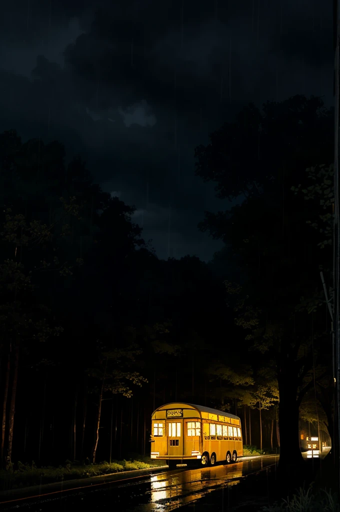 The yellow bus entered the courtyard of a huge, gloomy building that looked like an old convent in the middle of a forest.,It was night and it was raining