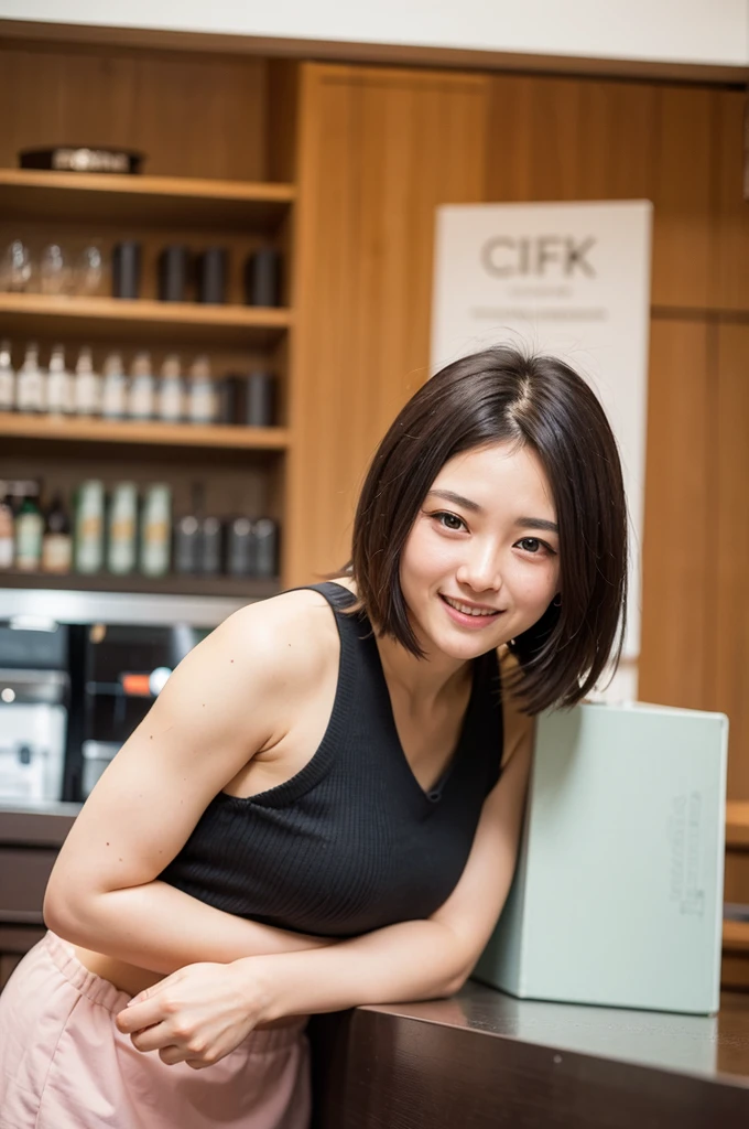 Top quality, 1 beautiful woman, super short Hair, shy-smile, (leaning forward:1.3), at cafe