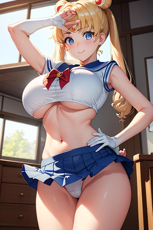 masterpiece、High resolution、high resolution、4K、8K、(((Stretch your legs and rotate your hips、Big Breasts、Exposing the breasts)))、((Shiny underwear)))、Sara Warrior Uniform、Beautiful beauty、Golden Hair、((whole body))、(((Photo taken from below)))、School、classroom、Large Breasts、Big Breasts、mini skirt、Panties are black、Japanese、tall、Long limbs、18-year-old、Tsukino Usagi、A beautiful nose like a model、Put your hands on your hips、Natural smile、Sexy pose、Her hairstyle is twin tails.、Beautiful belly button