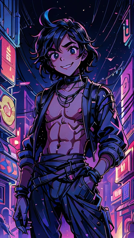 (8k),(masterpiece),(Japanese),(8-year-old boy),((innocent look)),((Childish)),From the front,smile,cute,Innocent,Kind eyes,Flat chest, Aladdin,short,Hair blowing in the wind,black Hair,Strong wind,night,dark, Neon light cyberpunk Disneyland