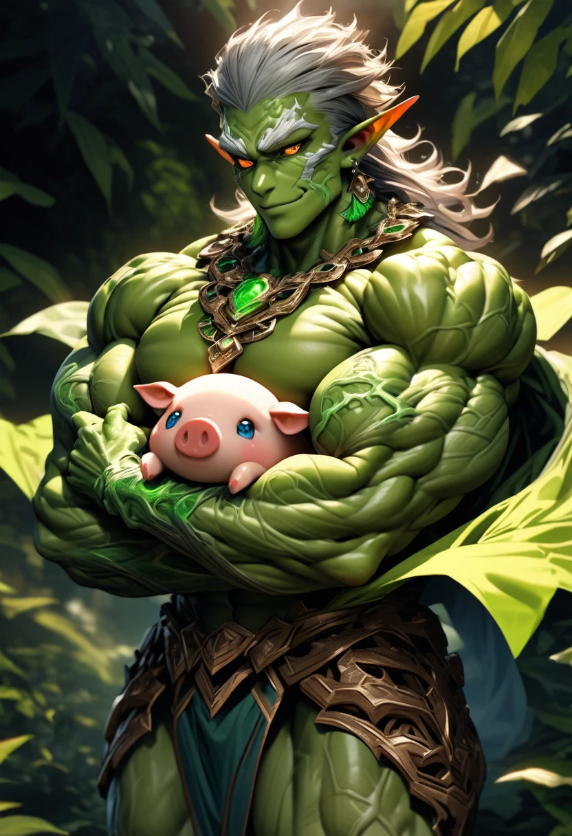 (((intricate design))) (((professional))) (((clear focus))) (((32k UHD Resolution))) (((photorealistic))) (((hyper-detail))) (((masterpiece))), ultra-realistic, expressive eyes, perfect face, mesmerising eyes, perfectly detailed anatomy, low contrast, (((Volumetric lighting))) (((cinematic lighting))) (((sunny))) (((1Male))) (((Bodybuilder))), (((muscular))), (((hyper pecs))) there is a sexy mature man with green paint on his body, slick shaved sides hairstyle, ((thighs)) bodily fluids, round butt, green coloured skin, gay, green skin! (((green coloured skin!!))), (((green skin))). (((green-skinned))), (((wearing an off the shoulder robes))) ((green skin with scales)), ((green skin)), windy, (((greenish skin))) plantation on the male body, fluorescent green skin, (((radiant orange eyes))), windy, leaves falling (((a powerful nature deity))), elf ears, druid magic, a digital render, green gem necklace, hot reptile muscular humanoid man, scales, muscular green body. Glowing veins, nature spirit, (((in an untamed magical jungle))) (((hugging a cute piggy)), smiling,