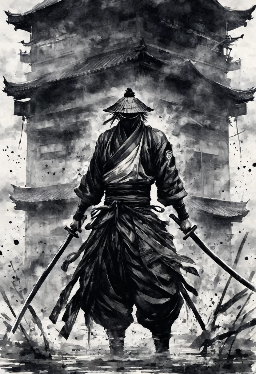 ink painting,black and white painting,Start,JUJUTSU KAİSEN, Gojo Satoru blindfolded, katana 