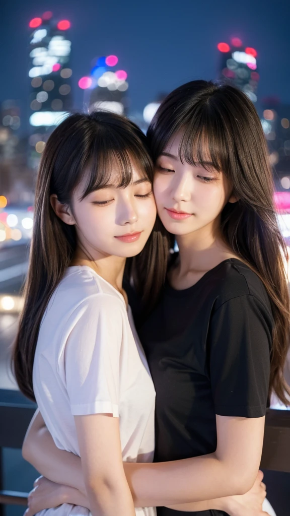 Best quality, high resolution, two girls, heads together, hug, eyes closed, 20 years old, Japanese, beautiful, pretty face, cute face, night cityscape, Short sleeve