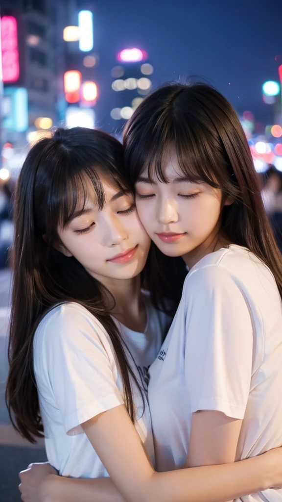 Best quality, high resolution, two girls, heads together, hug, eyes closed, 20 years old, Japanese, beautiful, pretty face, cute face, night cityscape, Short sleeve