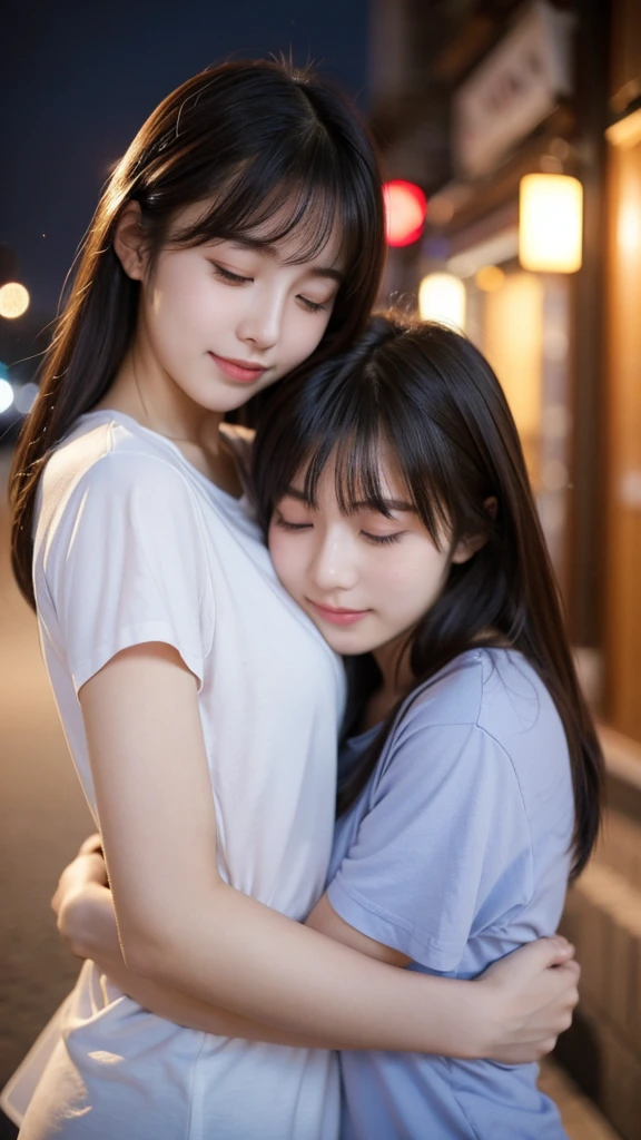 Best quality, high resolution, two girls, heads together, hug, eyes closed, 20 years old, Japanese, beautiful, pretty face, cute face, night cityscape, Short sleeve