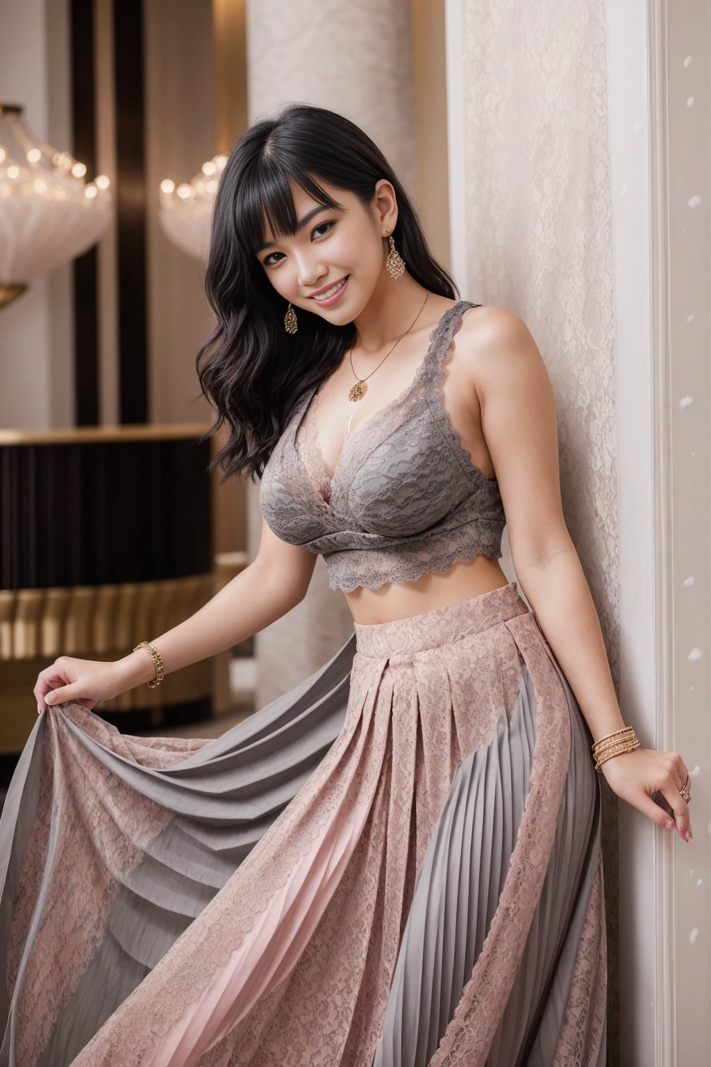 Half-length glamour portrait, nikon D850, f1.6 lens, 200mm, DSLR, 22 Megapixels, (((Elegant lobby of a luxury hotel scene))), shot of a stunning 19 years old korean girl, (smile:1.4), (wearing Powder pink Pleated maxi skirt with medium gray lace top:1.6), ((seductive pose)), hot girl, (((big natural breasts))), (((black fringe hair))), (small girl), symmetrical face, photorealistic, photography, (bright natural lighting), gorgeous, deep cleavage, (masterpiece), best quality, high resolution, extremely detailed, cinematic lighting, (((very narrow waist))), rich colors, hyper realistic, lifelike texture, ((jewelry)), (((She has beautiful hands and wears rings))), (bracelet), (necklace), (ankle chain), (nail polish) (earrings), Fuji Superia 200, 8k
