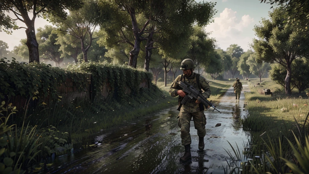 AK47 in your hand, many of your fellow soldiers in front of you, at the moment of war, 8k images, wet areas, plenty of greenery, a war game with an extremely realistic FPS perspective, FPS war game.