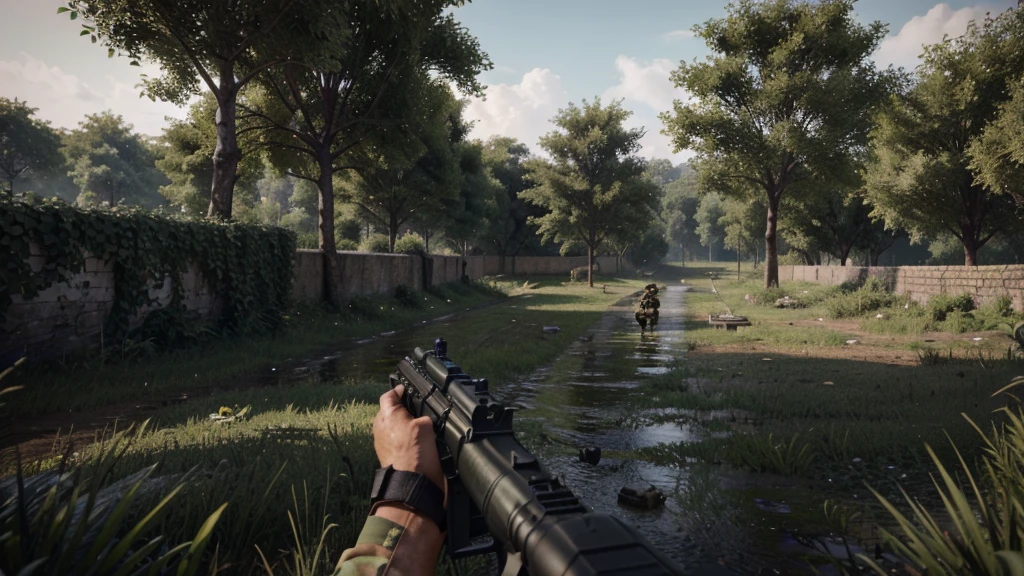 AK47 in your hand, many of your fellow soldiers in front of you, at the moment of war, 8k images, wet areas, plenty of greenery, a war game with an extremely realistic FPS perspective, FPS war game.