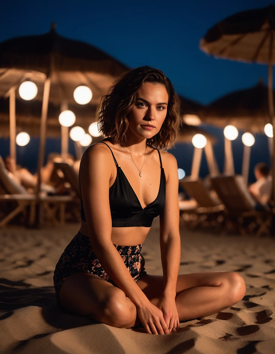 cinematic photo professional photography of the body of a beautiful (((ohwx woman))) at beach during Night, small breasts, wearing silk shorts and tank top, sitting, legs parted, lips parted.
