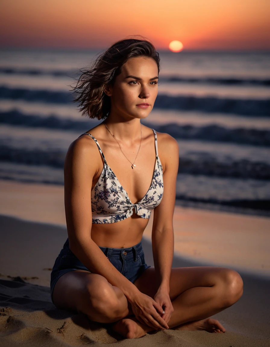 cinematic photo professional photography of the body of a beautiful (((ohwx woman))) at beach during Night, small breasts, wearing silk shorts and tank top, sitting, legs parted, lips parted.