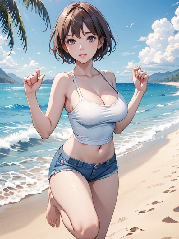 (Highest quality、masterpiece、High resolution、8K)、Vibrant colors、Young and beautiful woman 1、whole body、Brown and black short bob、barefoot、(Detailed face、Beautiful Eyes、Beautiful nose、Pretty lips)、Ample breasts、Beautiful cleavage、White T-shirt and shorts、Running on the beach、A refreshing smile、looking at the camera、Digital Art、The background is the sea、blue sky、White waves and wide sandy beach、Palm tree、White Entrance Cloud、(Depth of written boundary:1.5)、Professional Lighting、