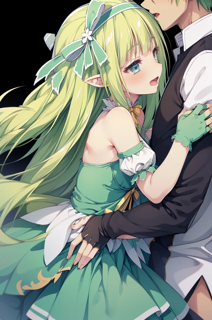 nsfw,((One man and one woman,Having sex)),(supright straddl),hug,kiss,Long Tongue,from side,Nipples,Small breasts,Bare Breasts,hair ribbon green hairband ,pointy ears,yellow bow green dress bare shoulders detached sleeves clothing cutout skirt green gloves,Open Mouth Smile,Simple Background