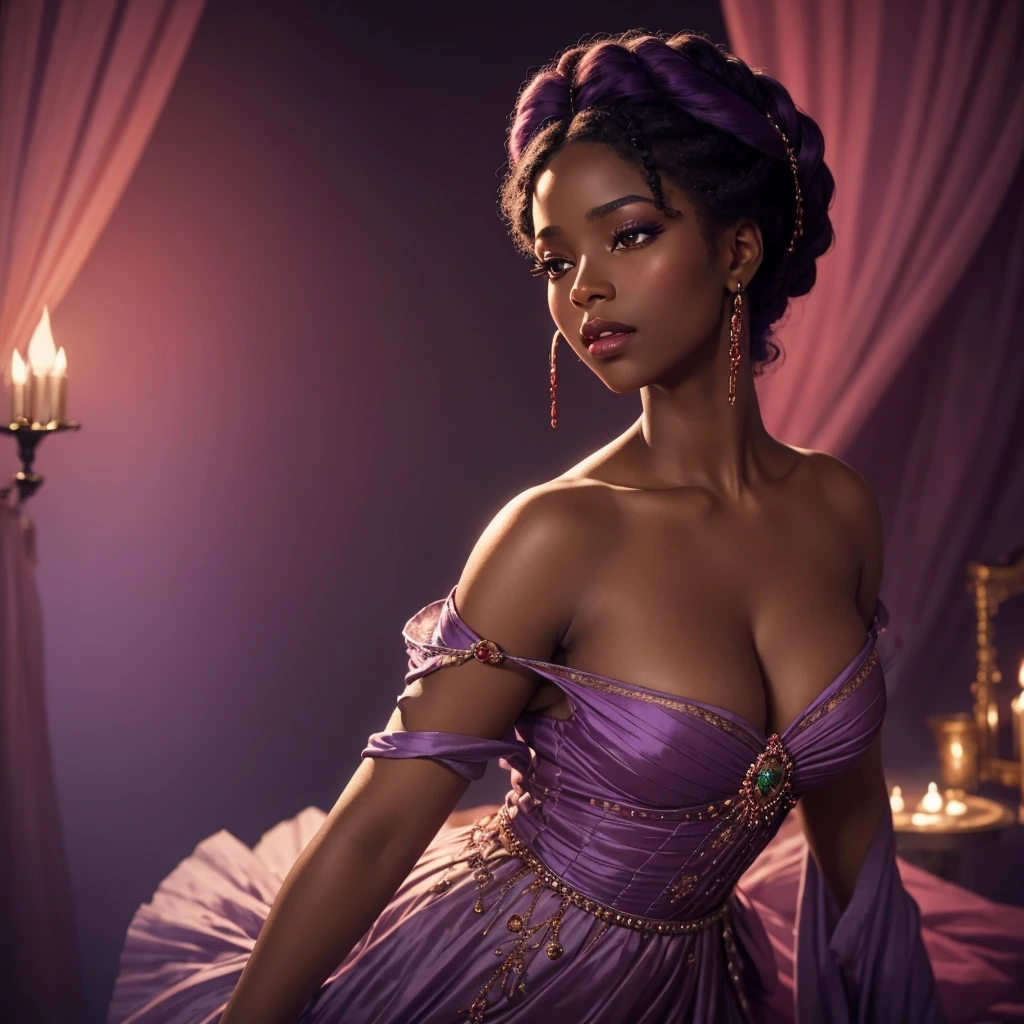 An 1800s theme cinematic photo of an enchanting and alluring African American woman, resembling Halley Berry, who exquisitely beautiful, in high-contrast, warm-toned digital photography, capturing the subtle dance of light on her porcelain skin. Her delicate features are rendered in lifelike precision, from the whisper-thin eyelashes to the full, rosy lips, against a backdrop of soft, gradient blues and purples, evoking a mystical, dreamlike atmosphere. Vibrant crimson accents adorn her luxurious, flowing attire, imbuing the scene with a sense of opulence and mystique, as her piercing emerald gaze beckons the viewer into her intimate, mystical realm.