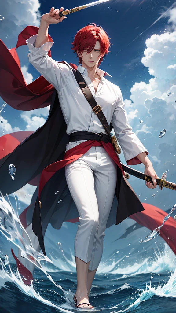 a dashing male anime character with a thin face, handsome, charismatic "shanks" in the "one pice" series wearing a white shirt, short trousers, with a straw hat. as well as three claw scars on the left eye, and holding a pirate katana, and a black robe, red hair, gray shorts reaching down to his knees, with HD resolution, 4k anime with a mystical effect background, and water, falling rain.