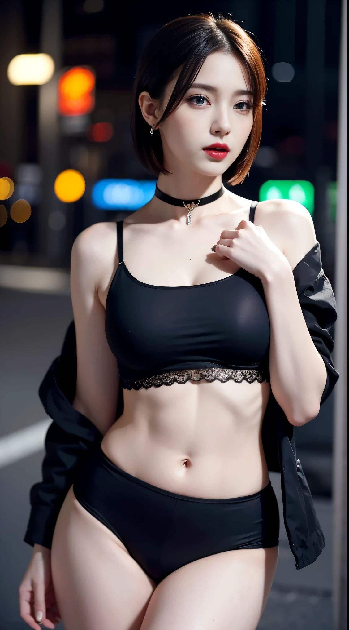 1 beautiful woman, 20 years old, pale white skin (very detailed and delicate skin), bright blue eyes (vampire eyes) (very detailed and expressive eyes), black and red hair, short hair, perfect body, perfect abdomen, perfectly butt round, makeup, red lips, dainty earrings, dainty necklace, choker, hair band, look at viewer, white sports bra, black jacket, tight black shorts, sexy pose, in the city, (masterpiece), (8K ), (cinematic lighting, (photorealistic), (minute details)