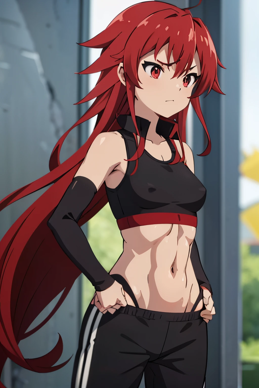 Anime Short red hair Boyish Small breasts Black tank top Navel-baring abs Girl Red long sleeves and pants
