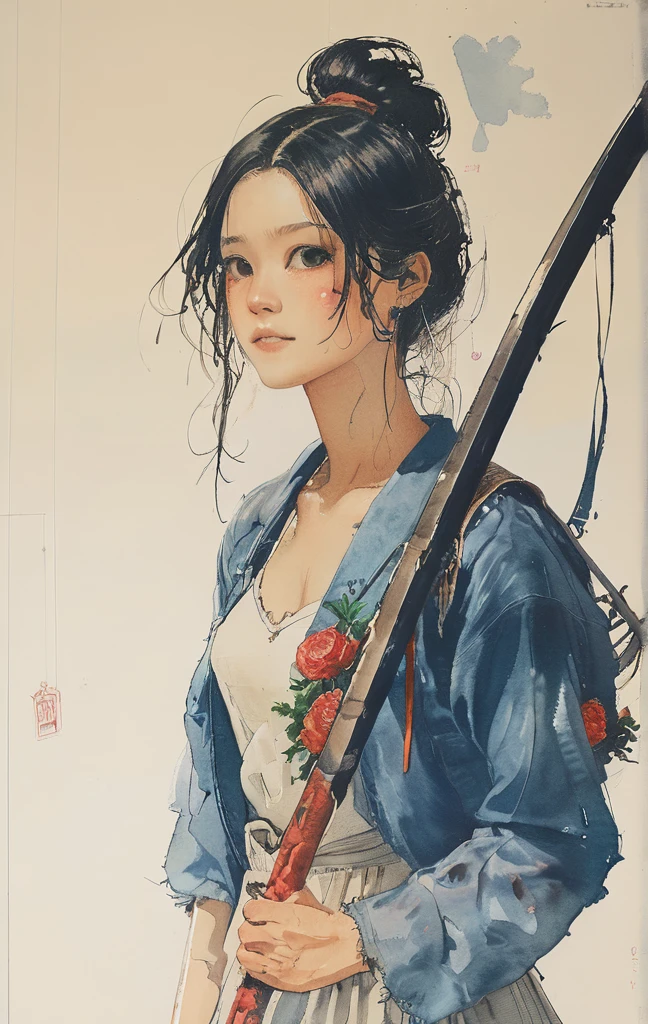 Goddess of Death with Scythe and Skull、8K,masterpiece,Highest quality, (From below:1.6) ,Dynamic pose,1 girl, With a big scythe,Portraiture, Floral, Watercolor sketch, Light, Long Hair, smile, Watercolor \(Moderate\),Watercolor,Plain Tank Top,Plain Light blue sweater,Long skirt