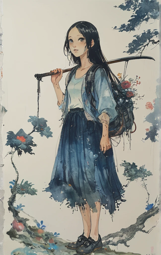 Goddess of Death with Scythe and Skull、8K,masterpiece,Highest quality, (From below:1.6) ,Dynamic pose,1 girl, With a big scythe,Portraiture, Floral, Watercolor sketch, Light, Long Hair, smile, Watercolor \(Moderate\),Watercolor,Plain Tank Top,Plain Light blue sweater,Long skirt