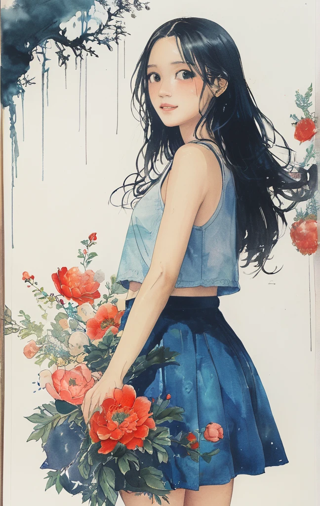 Goddess of Death with Scythe and Skull、8K,masterpiece,Highest quality, (From below:1.6) ,Dynamic pose,1 girl, With a big scythe,Portraiture, Floral, Watercolor sketch, Light, Long Hair, smile, Watercolor \(Moderate\),Watercolor,Plain Tank Top,Plain Light blue sweater,Long skirt