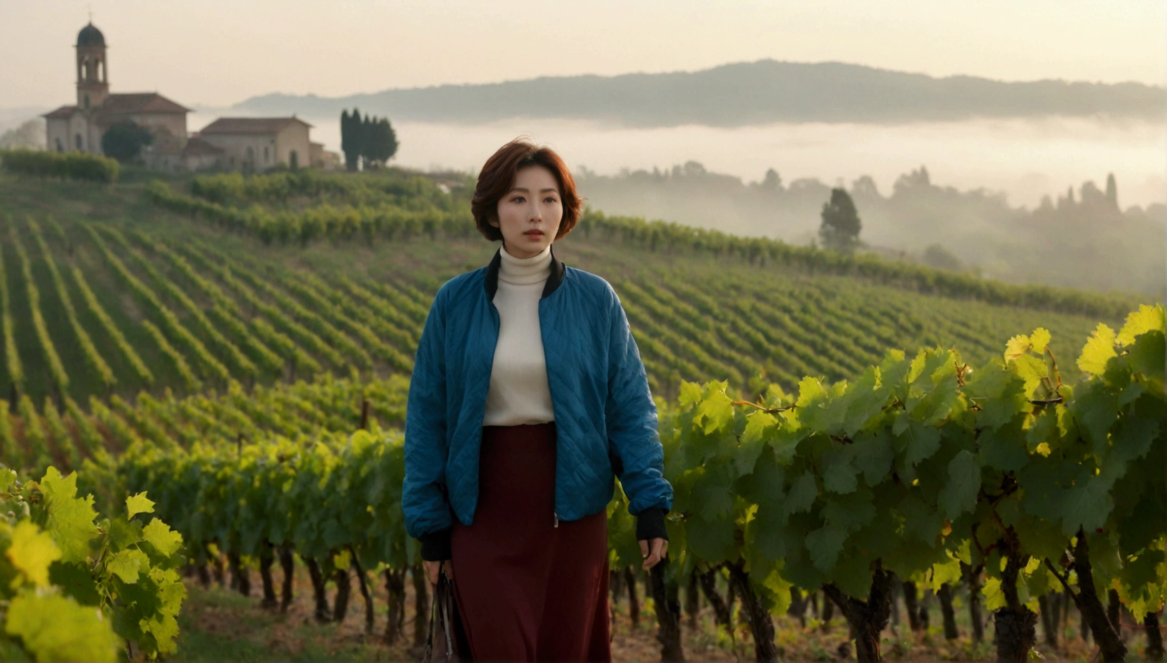 beautiful scenery, 8K Top Quality, 1 woman, Beautiful 36-year-old Korean woman, Chest size 34 inches, italian countryside dawn, Passing through the vineyards, the cathedral can be seen in the distance in the thick fog.., The background is realistic and vivid quality.., short medium bob hair, sheer turtleneck , thin windbreaker, Perfect and realistic photos, The background is realistic... Full body shot with Canon camera 16-35 wide angle lens, expressionless, Looking down on the vineyards from a vineyard hill shrouded in thick fog,, Walking towards the front camera