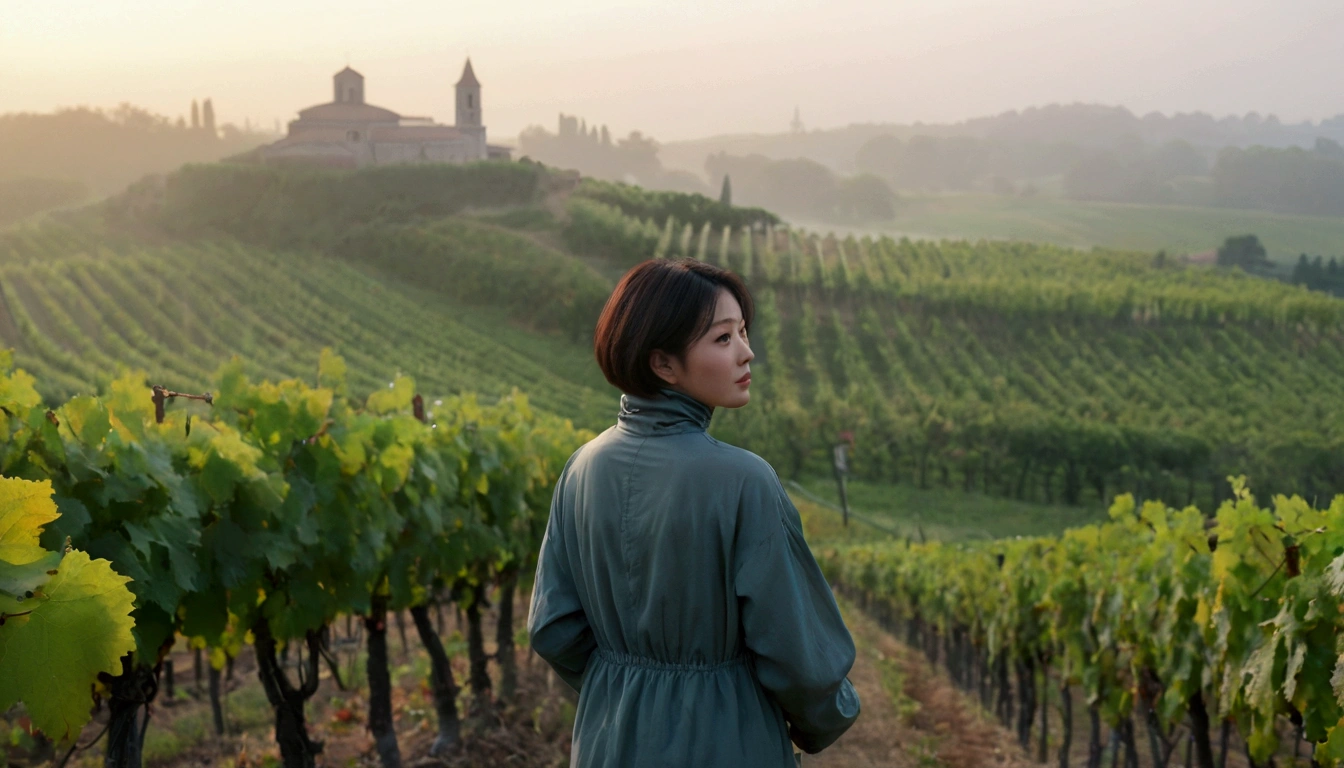beautiful scenery, 8K Top Quality, 1 woman, Beautiful 36-year-old Korean woman, Chest size 34 inches, italian countryside dawn, Passing through the vineyards, the cathedral can be seen in the distance in the thick fog.., The background is realistic and vivid quality.., short medium bob hair, sheer turtleneck , thin windbreaker, Perfect and realistic photos, The background is realistic... Full body shot with Canon camera 16-35 wide angle lens, expressionless, Looking down on the vineyards from a vineyard hill shrouded in thick fog,, Walking towards the front camera